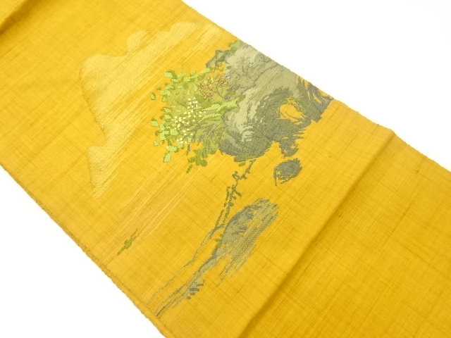 リサイクル　手織り紬岩に花・葉模様刺繍名古屋帯